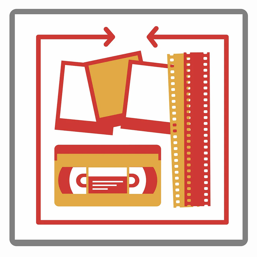 Icon illustrating PhotoLounge’s Sort & Quote service in Philadelphia, showing photos, film strips, and a VHS tape representing organized digitizing projects.