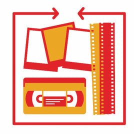 Icon illustrating PhotoLounge’s Sort & Quote service in Philadelphia, showing photos, film strips, and a VHS tape representing organized digitizing projects.