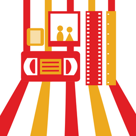 Illustration representing the PhotoLounge Digitizing Project Super Saver gift card, showing film reels, VHS tapes, and photo frames symbolizing digitizing services.