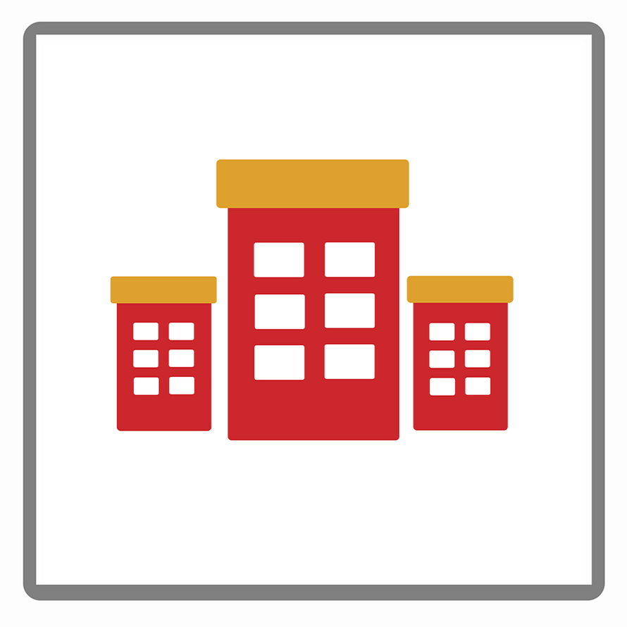 Illustration representing PhotoLounge’s bulk digitizing services for organizations in Philadelphia, showing multiple red and yellow buildings symbolizing archives or institutions.