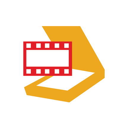 Illustration of film negative scanning and digitizing services in Philadelphia by PhotoLounge, with a red film strip over a yellow scanner.